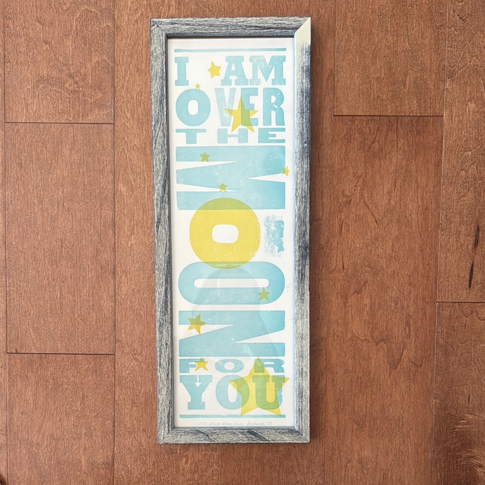 Framed Wall Art with Blue and Yellow Text